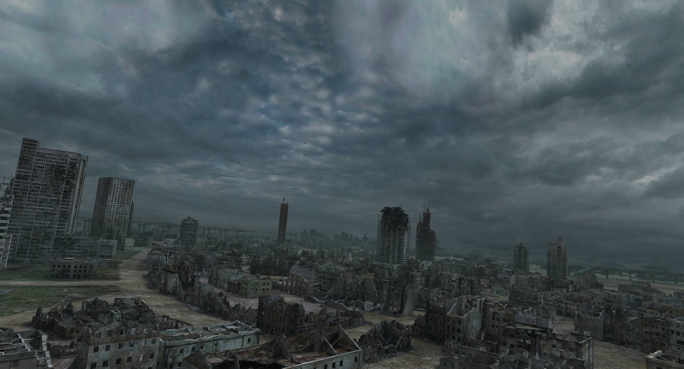 Серый сток. Руины Нью-Йорка. Разрушенный город. Город после апокалипсиса. Разрушенный город вид сверху.